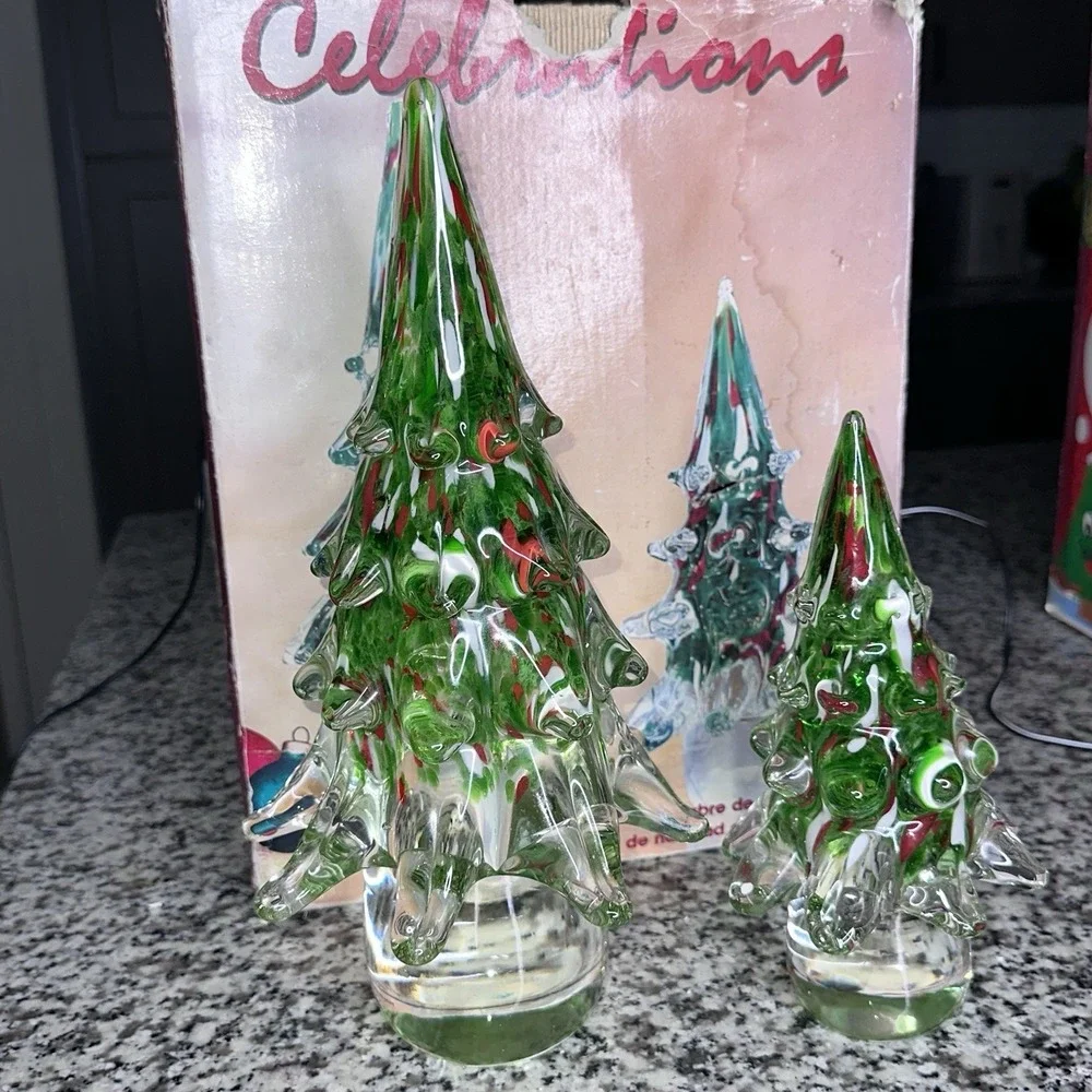 Vintage Red Green Art Glass Christmas Tree Sculpture Heavy 12 in And 8 in TWO